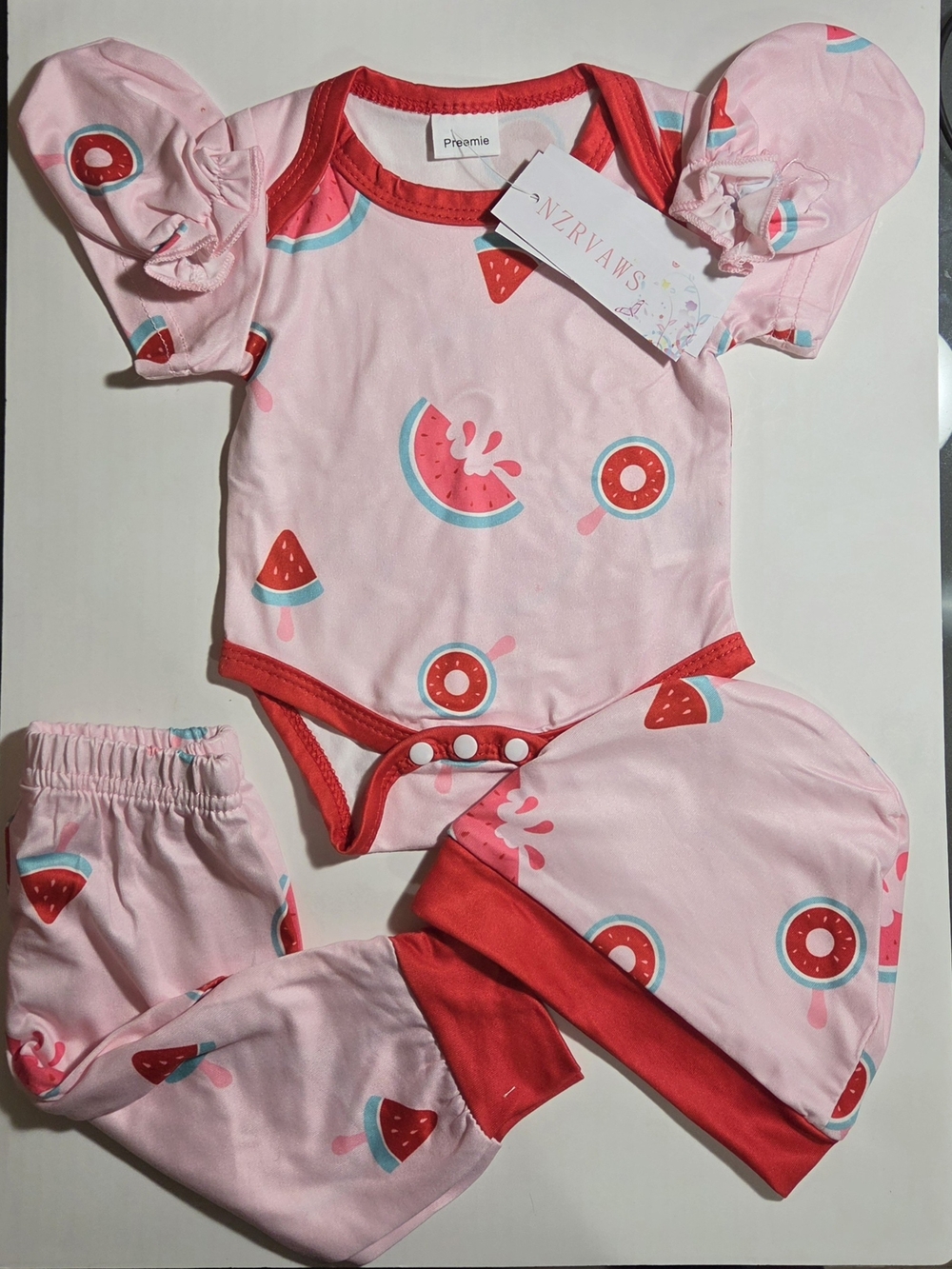 NZRVAWS Preemie Baby Girl 3-Piece Watermelon Outfit Set Ruffle Onesie Pants Hat